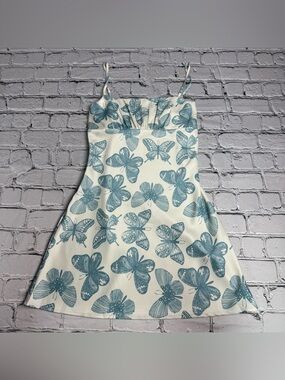 SHEKOU Cream Y2K Inspired Satin Mini Dress w/ Blue Butterfly Motif Print Size M